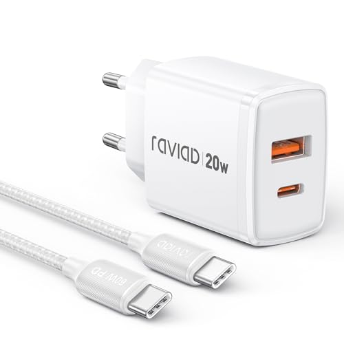 RAVIAD Carregador USB C carregamento rápido 20 W, USB C tomada rápida 2 portas e cabo tipo C carregamento rápido 2 m, carregamento rápido tipo C carregador compatível com iPhone 16 15 14 13 Pro Max