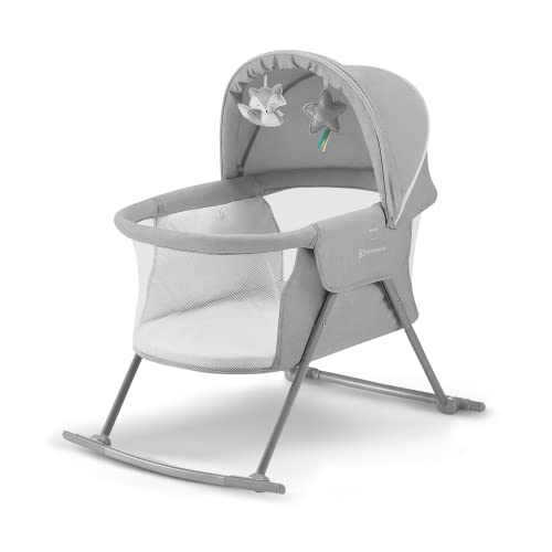 kk Kinderkraft LOVI Berço de baloiço bebé com colchão 3 em 1, berço de viagem, dobrável em 5 segundos, mosquiteira, inclui 2 brinquedos e saco de viagem, boa circulação de ar, cinzento