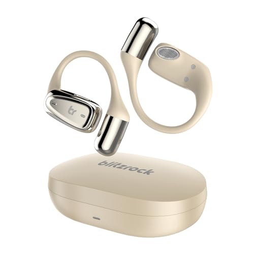 BlitzRock Auriculares orelha aberta sem fios Bluetooth 5.4 desportivos, ultraleve e confortável, gancho ultra fino de 0,7 mm, clareza de chamada, IPX7, reprodução de 28H, bege
