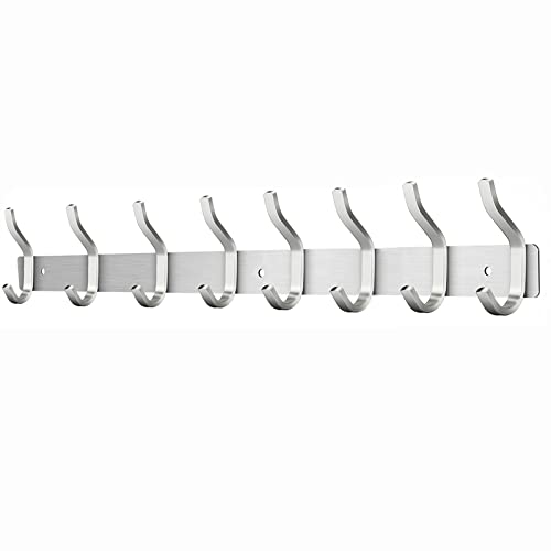 MEIJO Cabides de parede com 8 ganchos, ganchos cabides de montagem na parede em aço inoxidável ganchos ganchos cabide para entrada, cozinha, casa de banho (8 ganchos, prata)