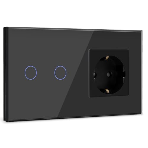 BSEED Interruptor com tomada, 2 Gang 1 via interruptor luz parede com tomada de parede, preto interruptor tátil de luz de parede com indicador LED, tomadas de extensão com painel de vidro temperado