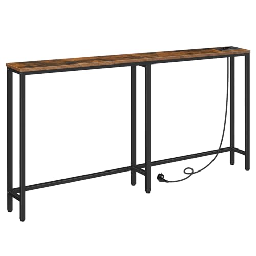 HOOBRO Mesa de consola estreita com tomada de energia e porta USB, mesa de entrada com estação de carregamento, mesa de sofá, mesa auxiliar, para entrada, corredor, sala de estar, castanho rústico