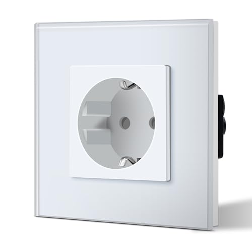 BSEED Tomada de parede tomada padrão Schuko com painel de vidro 16A instalação fácil 86 mm branco