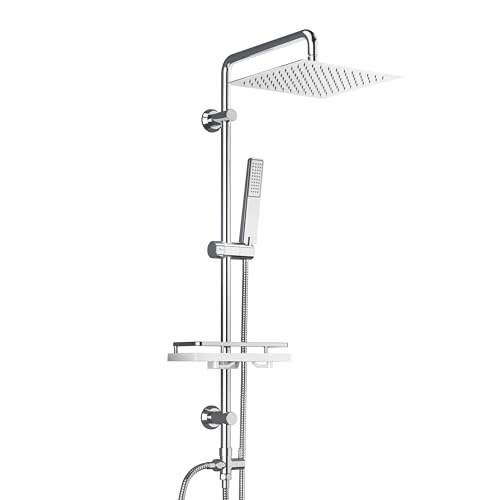 Görbach Coluna duche sem torneira coluna de hidromassagem Set chuveiro completo em aço inoxidável 304 barra de altura ajustável com cabeça chuveiro mão, prateleira e cabeça chuva 20 x 20 cm