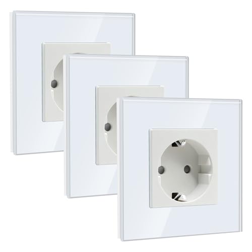 BSEED Tomada Schuko 1 Gang 3 pacotes, tomada de parede 16A com placa de vidro 86 * 86 mm, branco
