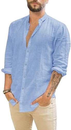 Friptspyg Homens camisa de manga comprida de algodão e linho corte regular ideal para ocasiões de praia e vestir casual camisa de verão