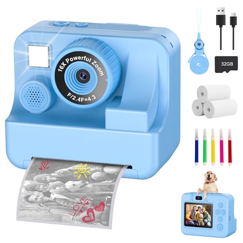 Câmara instantânea para crianças com selfie1080p, câmara instantânea com cartão de 32 GB e 3 rolos de papel de impressão, câmara para meninos, brinquedos para meninos e meninas dos 3 aos 12 anos