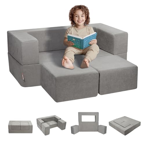 VEVOR Sofá modular para crianças, 4 peças, sofá descapotável Nugget, sofá secional para crianças, com capa removível, cadeira de espuma para bebés feita à mão, cinzento escuro, 1000 x 1000 x 200 mm,