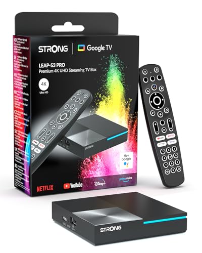 STRONG Leap-S3 Pro TV Streaming Box 4K UHD Google TV com porta Ethernet, Android 12, 4 GB RAM + 32 GB de armazenamento, Wi-Fi 6, Chromecast integrado, controlo de voz Google, Dolby Atmos e Dolby