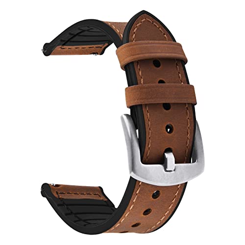 Fullmosa Correia de relógio de libertação rápida 22 mm 20 mm, bandas de couro híbridas de silicone para Samsung Galaxy Watch/Huawei Watch/Garmin Forerunner/Amazfit, Castanho + fivela prateada