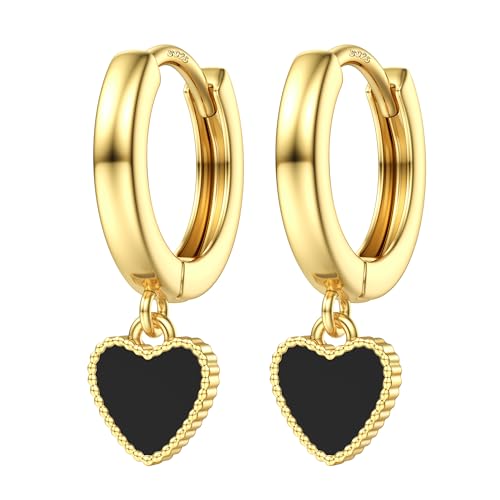 CASSIECA 925 Brincos de argola de prata para mulheres meninas brincos pendentes coração preto brincos minimalistas Huggie