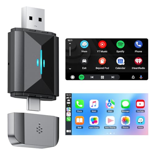 Volam Adaptador sem fios Carplay e Android Auto 2 em 1, Wi-Fi de 5 GHz CarPlay com cabo de fábrica Plug and Play converte cablagem para automóveis de 2015 e iOS 11+