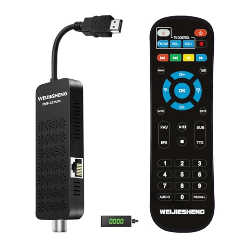 Decodificador TDT HD 2025, Decodificador DVB-T2, HD 1080P H265 HEVC Main 10-bit, suporta HDMI, AV, Ethernet, USB WiFi, DLNA, PVR, funções multimédia [controlo remoto 2 em 1 com controlo de TV]