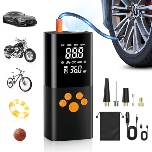 EVARY Inflador de rodas de carro 10000 mAh, 150 PSI e 2X Compressor de ar portátil com LCD duplo digital, luz LED, manómetro, desligamento automático para carro, motociclo, bicicleta, anel de natação