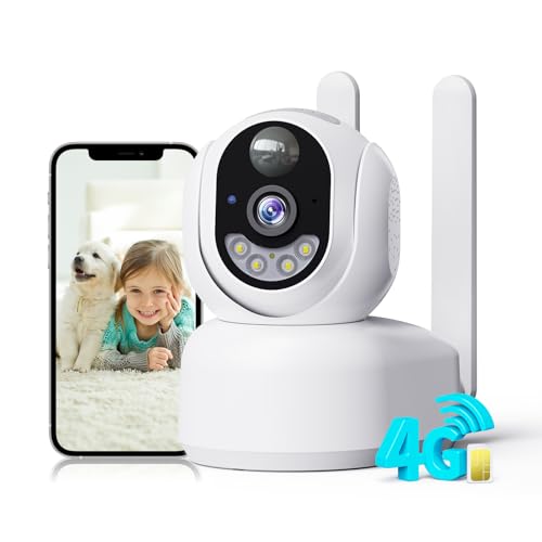 PESAIR 4G LTE Câmara de vigilância interior com cartão SIM, 2K 360° PTZ IP câmara de segurança sem fios com bateria recarregável, visão noturna colorida, deteção de PIR, áudio bidirecional, IP66