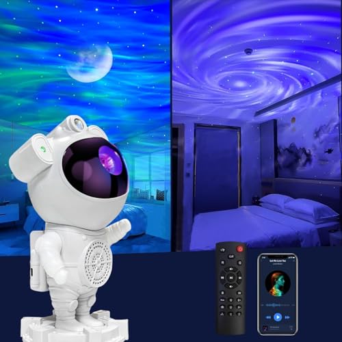 Projetor de astronauta Galaxy, altifalante musical Bluetooth, ruído branco para dormir, mudança de cor ajustável em 360º, com controlo remoto e temporizador, luz noturna para crianças e adultos,