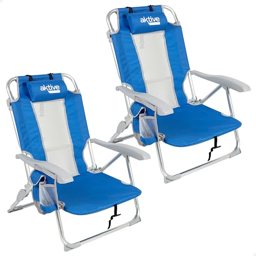 AKTIVE Pack de 2 cadeiras de praia dobráveis, 5 posições, cor azul, 49 x 56 x 78 cm, inclui almofada acolchoada, bolso lateral, alças, máximo de 110 kg, tops anti-capotagem, multifunções, encosto