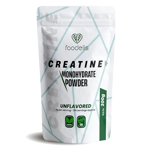 Foodelis Creatina monohidratada em pó 300 g/100 doses, 100% creatina monohidrato micronizada - sem sabor - pura e sem aditivos - Não-OGM - alta solubilidade, inclui doseadores