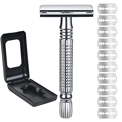 URAQT Máquina de barbear clássica, conjunto de barbear com 10 lâminas de substituição, máquina de barbear manual de segurança com espelho integrado, tradicional, zinco, para mulheres e homens,