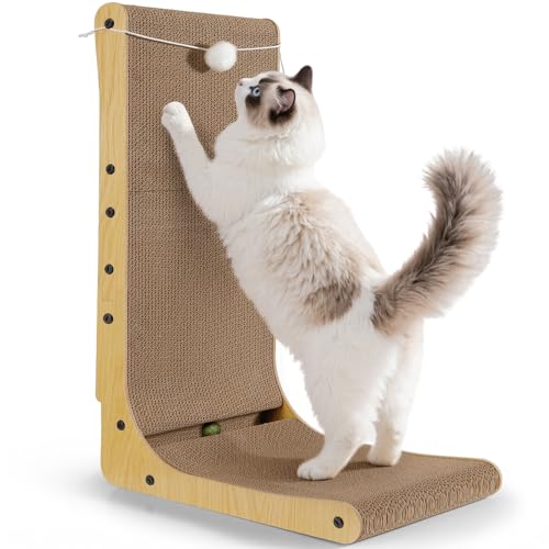 Gimars Raspador para gatos em forma de L, 68 cm raspador de cartão para gatos de interior, com brinquedos de bola, tamanho grande, madeira