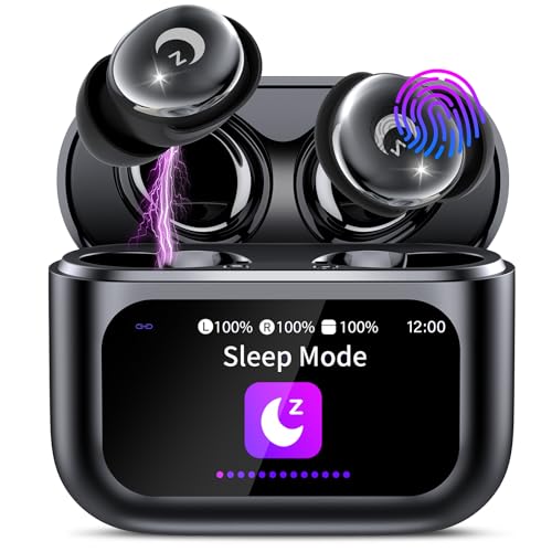 Auriculares sem fios com ecrã tátil LED, 48H auriculares Bluetooth 5.4 HiFi estéreo, mini auriculares para dormir com cancelamento de ruído, IP7 impermeável capacetes sem fios Bluetooth preto