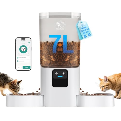Frienhund Alimentador de gato automático duplo com alimentação lenta: Alimentador cão automático com WiFi 5G controlo por aplicação, dispensador de comida gatos de 7 l com Alexa para vários animais de