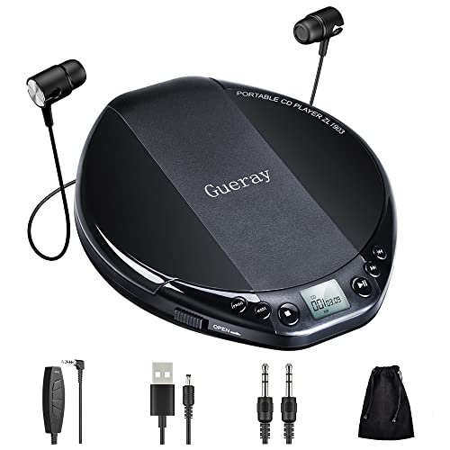 Gueray Leitor de CD portátil HiFi Classic CD pessoal discman com auriculares proteção anti-saltos ecrã LCD