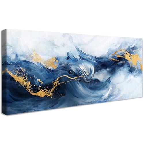 Moldura de madeira grandes quadros decoração sala de estar modernos tela decorativa aguarela abstrata pintura imagem onda de mar azul marinho dourado quadros decorativos sala quarto corredor 50 x 120