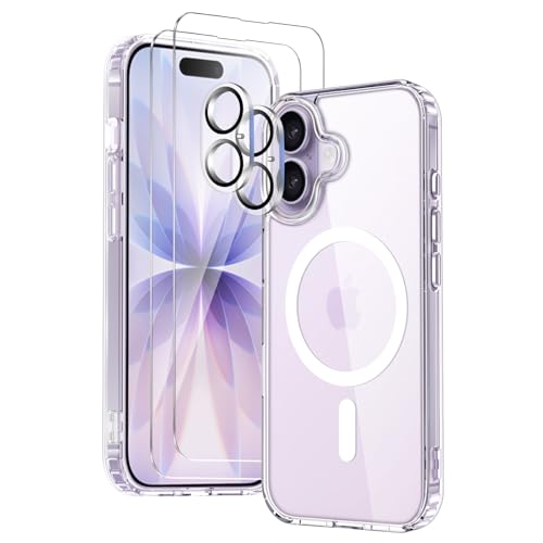 COPIKE Capa magnética para iPhone 17 2025, com 2 vidro temperado e 2 protetor de câmera, compatível com MagSafe, capa anti-amarelo tampa traseira resistente a riscos, transparente