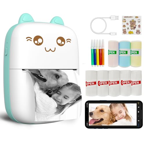 Mini impressora portátil, impressora de decalques sem tinta com 8 rolos de papel, mini impressora térmica sem fios Bluetooth compatível com iOS Android para uso diário, notas, fotos, cápsulas de