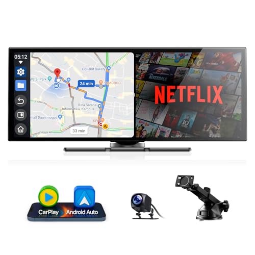 Volam 10,25 polegadas ecrã carro Carplay e Android auto, sem fios Carplay mit Youtube/Netflix, ecrã para carro com 1080P câmara de marcha atrás, navegador GPS, 2,4 G/5 G WLAN Bluetooth