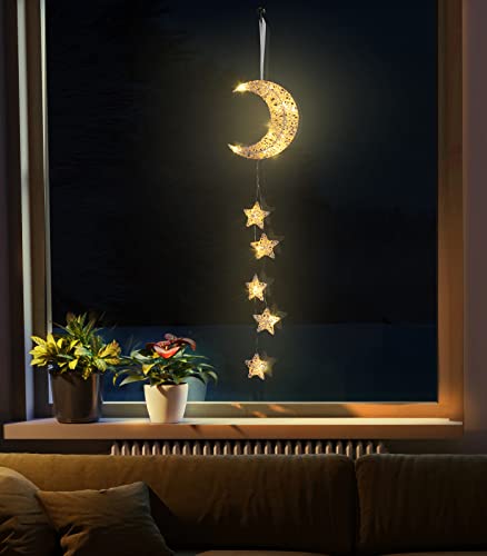 Lewondr Candeeiro suspenso lua e estrelas, grinalda de luzes corrente de rato decoração de quarto romântica com temporizador a pilhas para crianças quarto janela interior festas, branco
