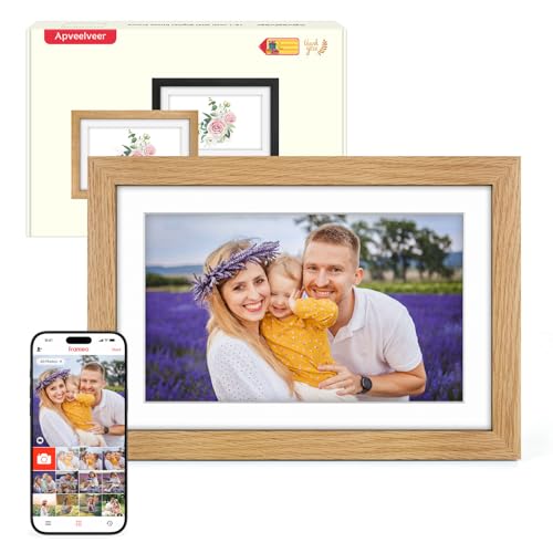 Moldura de fotos digital Wi-Fi madeira de carvalho com memória de 32 GB, moldura digital de 10,1 polegadas com ecrã tátil IPS HD de 1280 * 800, partilha fotos/vídeos através da App Frameo, presentes