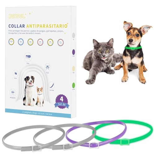 DEWEL Coleiras anti-parasitárias, conjunto de 4 colares contra pulgas e carraças para cães e gatos, coleiras antiderrapantes 24-32 meses de proteção (3 cores, M 34,5 cm)