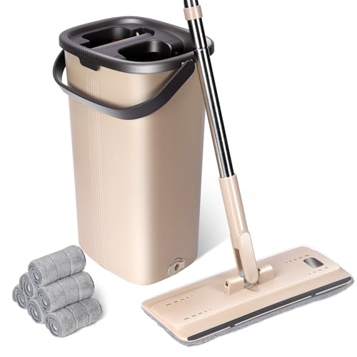 Masthome Mopa de microfibra com cubo de escoriador, esfregona plana com 140 cm, cabo comprido de aço inoxidável, roupa de microfibra com 6 almofadas substituíveis, para lavagem de pisos secos e