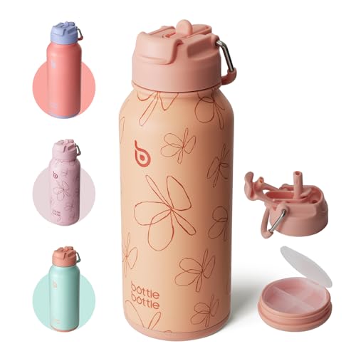 BOTTLE BOTTLE Garrafa de água isotérmica de aço inoxidável de 946 ml, com palhinha e tampa de uso duplo para ginásio com caixa de comprimidos (flor amarela)