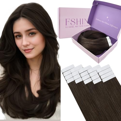 Fshine Extensões adesivas cabelo natural 50 g adesivo extensões cabelo natural 16 polegadas 40 cm castanho escuro 20 peças extensões cabelo humano Tape Extensão Human Hair invisível cor 2