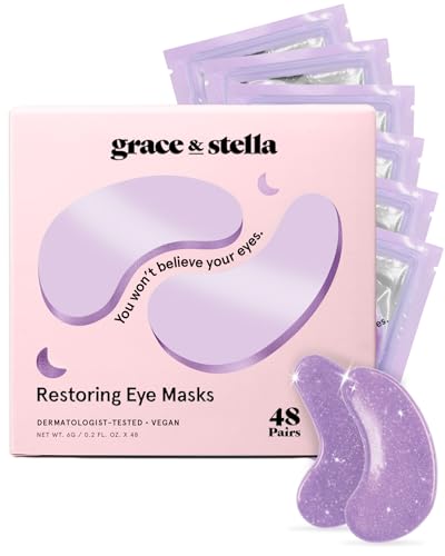 Grace & Stella Embalagens de hidrogel para os olhos – Reduzem as orelhas e bolsas com retinol e ácido hialurónico – veganos e não testados em animais [48 pares, roxo]