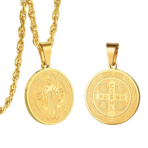 PROSTEEL Colar com medalha de São Bento com cruz no verso, design simples em aço inoxidável prateado, dourado e preto, 60 cm ajustável