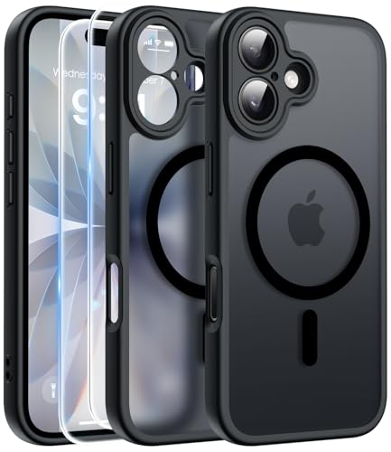 FLLAO Capa para iPhone 17, compatível com MagSafe, com 2 peças protetor de ecrã em vidro temperado, [proteção da câmera] magnética capa translúcida, mate traseira fina anti-choques, preto