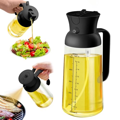 YARRAMATE Garrafa dispensador de azeite para cozinha com escala de medição, pulverizador 2 em 1 para cozinhar, garrafa de vidro de 18 oz/550 ml com vaso (preto)
