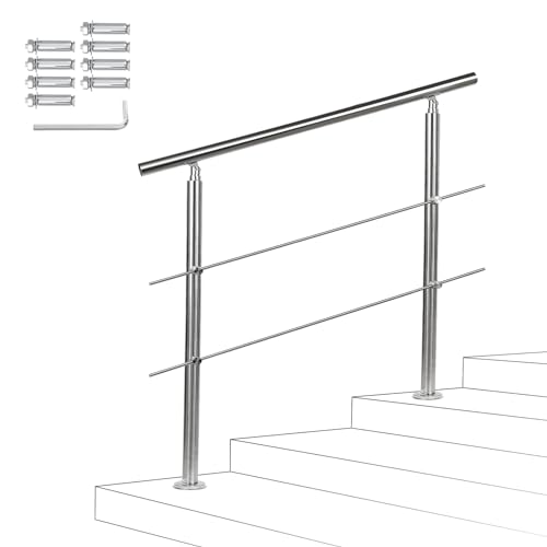 Fiqops Corrimão de aço inoxidável para escadas, exterior e interior, 160 cm, com 2 travessas, Ø 42 mm com acessórios, ângulo ajustável para escadas, jardim, entrada de casa