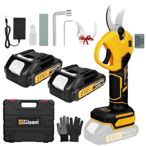Gisam Tesouras de energia elétricas, profissionais de 40 mm tesouras elétricas podadora elétrica a bateria com 2 x 2 Ah baterias recarregáveis e ecrã LCD, suporta o ajuste de abertura (amarelo)