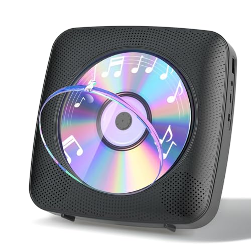 Gueray Leitor de CD portátil Bluetooth 1800 mAh leitor de CD adequado para leitores de CD domésticos com altifalantes duplos, rádio FM, remoto, porta de auriculares USB AUX-preto
