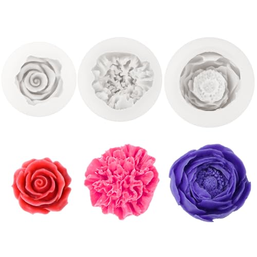 TEUYOE 3 peças moldes para velas, flores moldes de silicone para velas para velas, sabão, ondant, chocolate, bolo, bricolage (rosa, peónia, cravo)