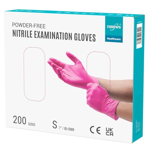 EUROPAPA® - 200 Luvas de nitrilo descartáveis que cumprem as normas EN455 e EN374, sem pó nem látex, luvas descartáveis de exame disponíveis nos tamanhos S, M, L e XL (S, rosa vermelha)