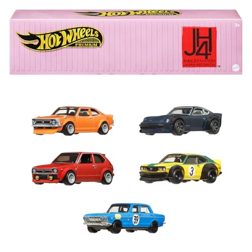 Hot Wheels Premium Car Culture Japan Historics 4 conjunto com embalagem especial e 5 carros metálicos em escala 1:64, embalagem para exibir de colecionador, pode ser empilhado para armazenamento,
