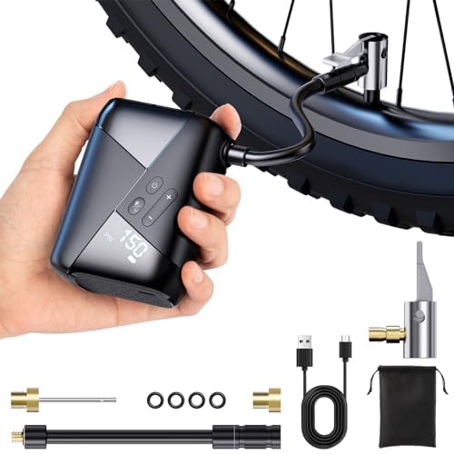 Mini bomba de bicicleta com medidor, 150 PSI, mini insuflador bicicleta portátil e elétrica com bateria para E-Bike, Mountain Bike, City Bike e Road Bike