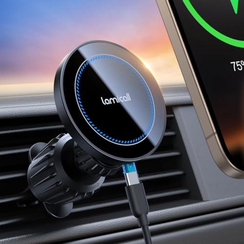 Lamicall Carregador sem fio de carro para MagSafe de 15 W - [2024 ultra íman] carregamento rápido, carregador de suporte móvel magnético para carro com gancho de metal, mãos livres, para iPhone Series