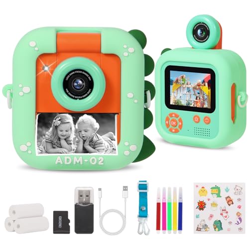 Câmara com fotos infantis instantâneas, ZUEOKAI 2,4" com lente rotativa de 180° e 3 papéis de impressão, cartão de 32 GB e capa de silicone, aniversário para menino menina de 3 a 10 anos